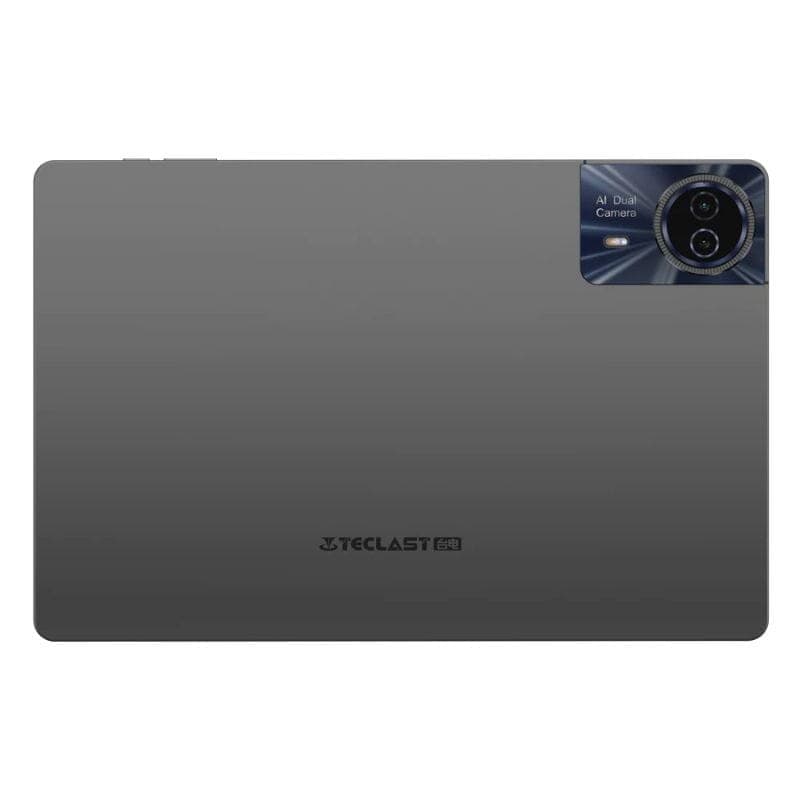 Tablet Teclast T50 Plus 11 negra, trasera metálica gris oscuro con módulo de cámara AI Dual grande en la esquina, logo Teclast centrado abajo