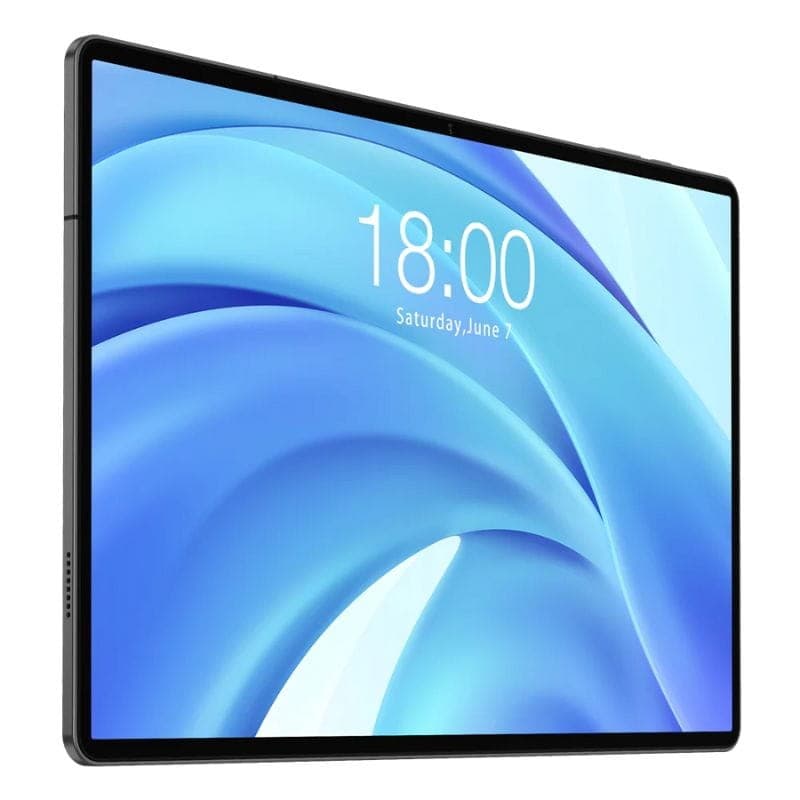 Teclast T50 Plus 11 negro con pantalla grande de marcos delgados, cuerpo metálico delgado, cámara frontal centrada y altavoces laterales; diseño moderno y
