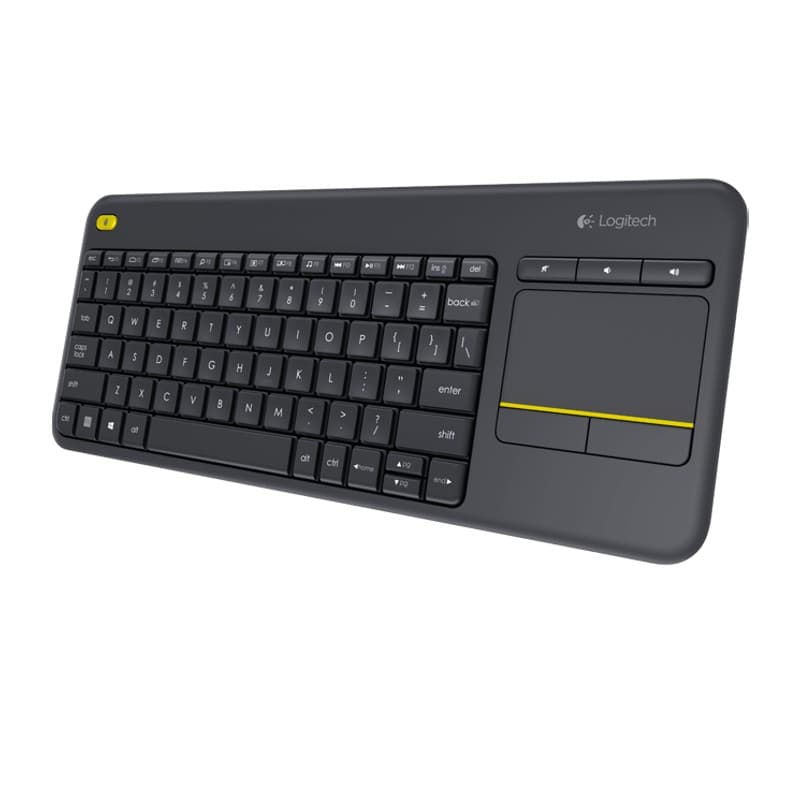 Teclado inalámbrico Logitech K400 Plus negro con teclas de bajo perfil, touchpad amplio integrado, dos botones dedicados y detalle amarillo en barra táctil