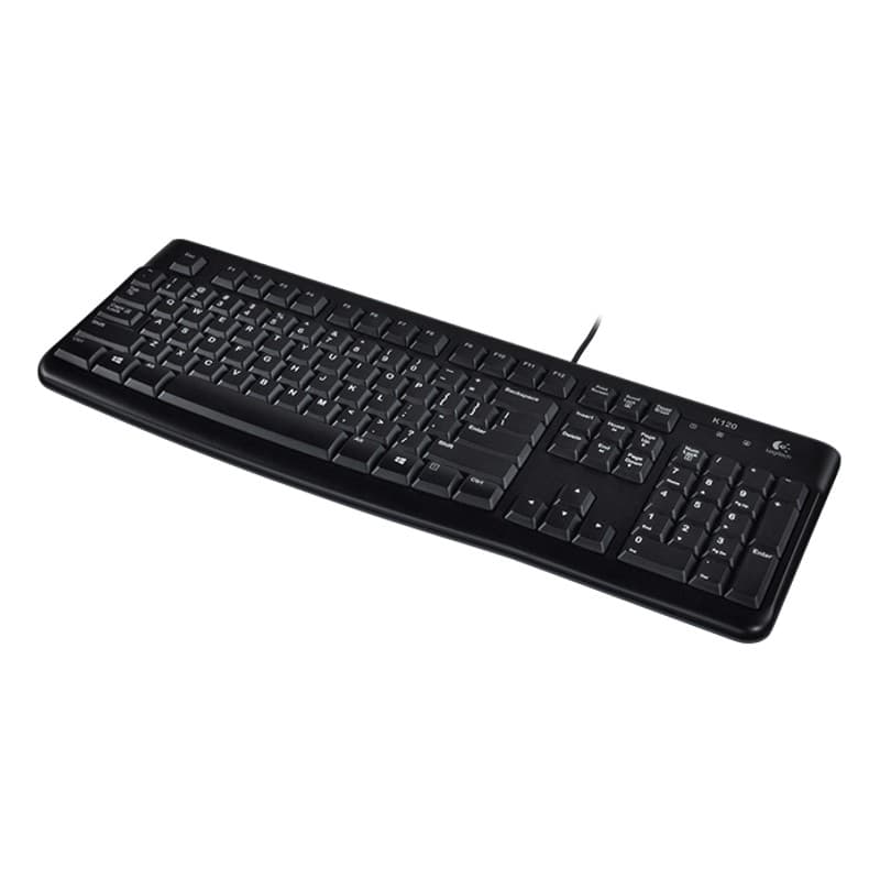Teclado de Membrana Logitech K120 negro con cable USB, diseño de tamaño completo, teclas de perfil bajo y bloque numérico, distribución QWERTY en español