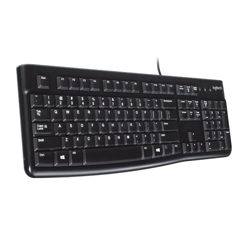 Teclado de Membrana Logitech K120 negro, tamaño completo con teclado numérico, teclas de perfil bajo y conexión por cable USB, diseño resistente y compacto