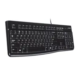 Teclado de Membrana Logitech K120 negro, tamaño completo con teclado numérico, teclas de perfil bajo y conexión por cable USB, diseño resistente y compacto