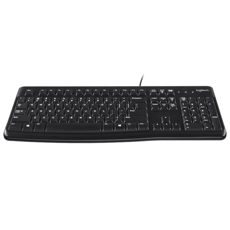Teclado de Membrana Logitech K120 negro con distribución completa, teclas de perfil bajo, bloque numérico y conexión por cable USB