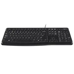 Teclado de Membrana Logitech K120 negro con distribución completa, teclas de perfil bajo, bloque numérico y conexión por cable USB