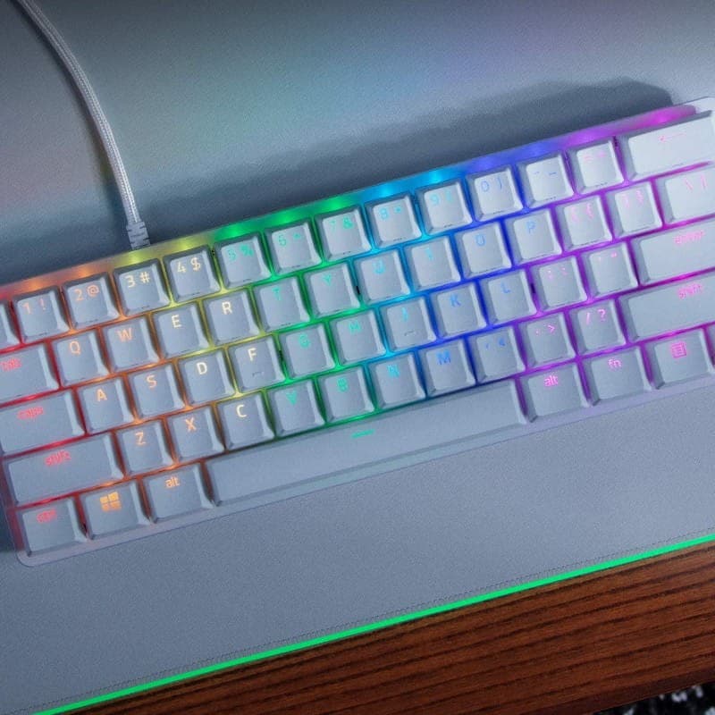 Teclado Mecânico Gaming Razer Huntsman Mini Branco Clicky Optical Switch Roxo - Adaptável