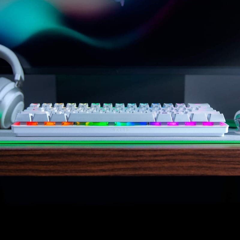 Teclado Mecânico Gaming Razer Huntsman Mini Branco Clicky Optical Switch Roxo - Luz
