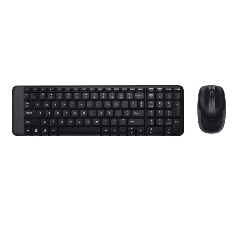 Teclado de membrana inalámbrico negro de tamaño compacto con teclas de perfil bajo y ratón óptico negro a juego, diseño minimalista y silencioso Logitech