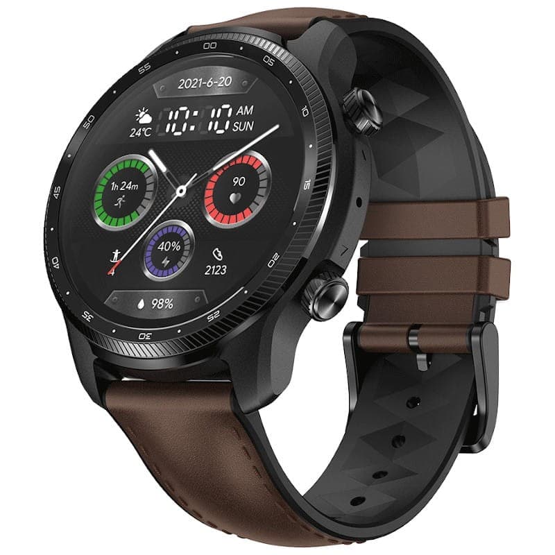 TicWatch Pro3 Ultra 4G Preto com Bracelete de Couro Castanho Classe B Recondicionado - vista em três quartos com a bracelete desdobrada