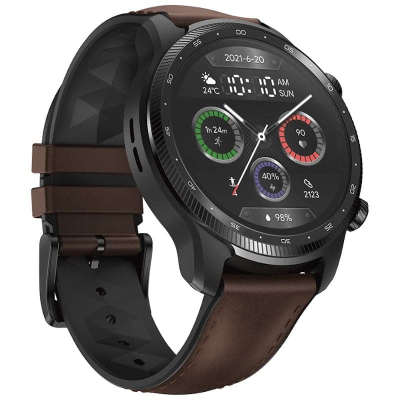 TicWatch Pro3 Ultra 4G Preto com Bracelete de Couro Castanho Classe B Recondicionado - vista lateral em ângulo com a coroa