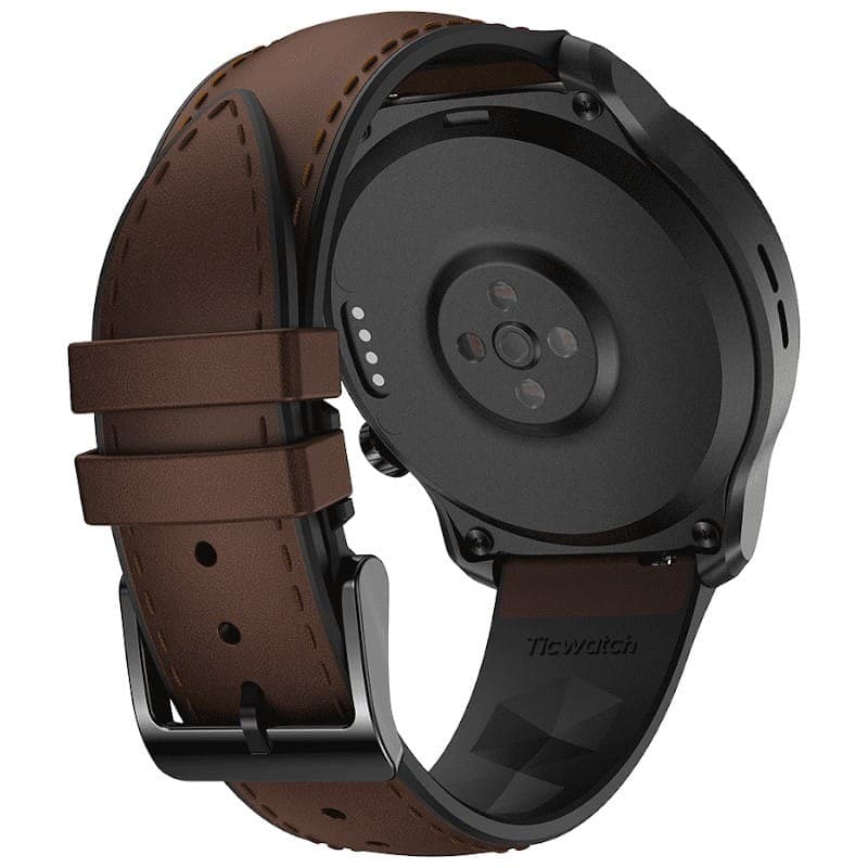 TicWatch Pro3 Ultra 4G Preto com Bracelete de Couro Castanho Classe B Recondicionado - vista traseira com os sensores e a fivela da bracelete
