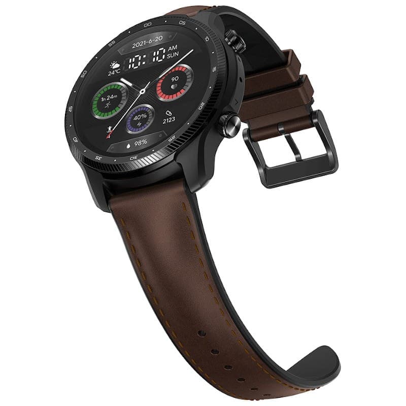TicWatch Pro3 Ultra 4G Preto com Bracelete de Couro Castanho Classe B Recondicionado - vista lateral com a fivela da bracelete aberta