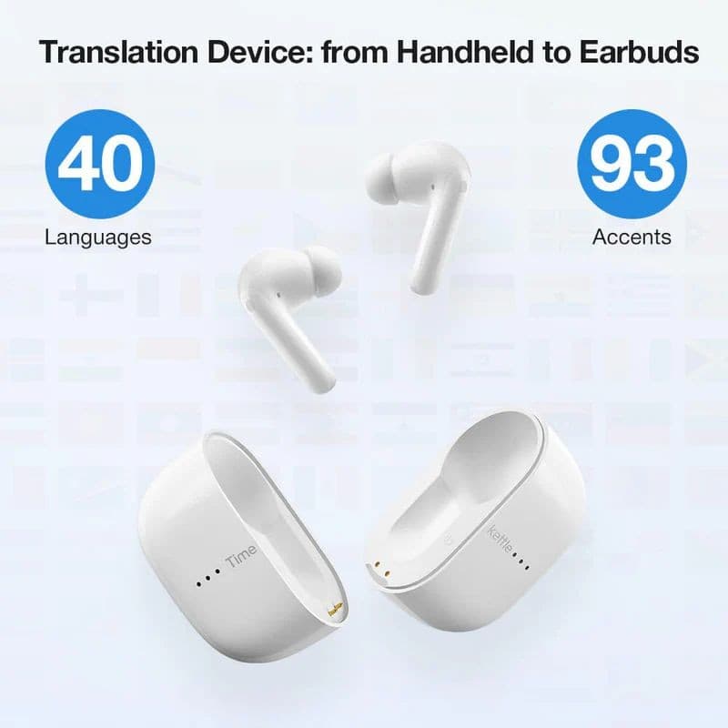 Timekettle M3 Versão Offline Sem Fios Bluetooth ANC 25 h Branco: estojo branco minimalista e earbuds in-ear com hastes curtas e acabamento suave