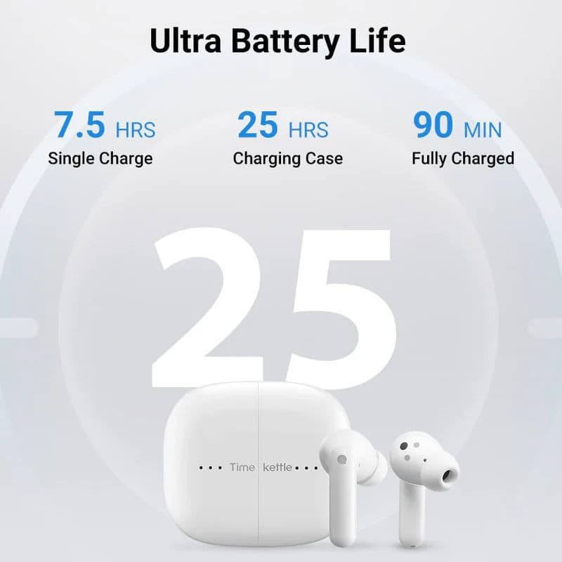 Timekettle M3 Versão Offline Sem Fios Bluetooth ANC branco, estojo compacto com LEDs e earbuds ergonômicos; 25 h de bateria, 7,5 h por carga, recarga em 90