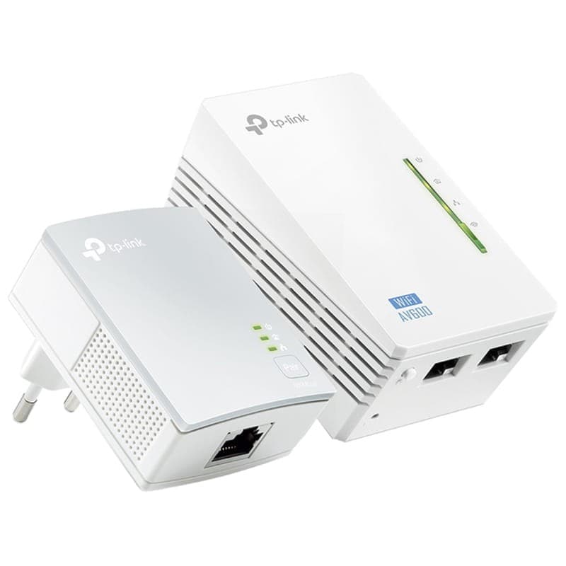 Kit TP-Link TL-WPA4220KIT AV600: dois adaptadores PLC brancos, LEDs de status, duas portas Ethernet no extensor e plugue europeu no transmissor