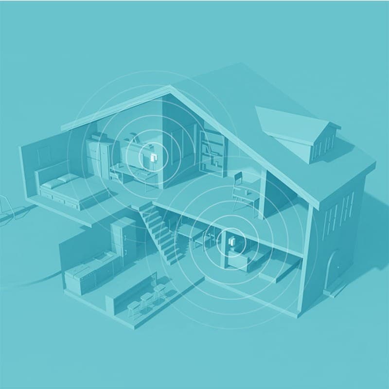 Ilustración de casa con dos adaptadores PLC TP-LINK WPA4220KIT AV600, mostrando cobertura WiFi ampliada en varias habitaciones mediante ondas concéntricas