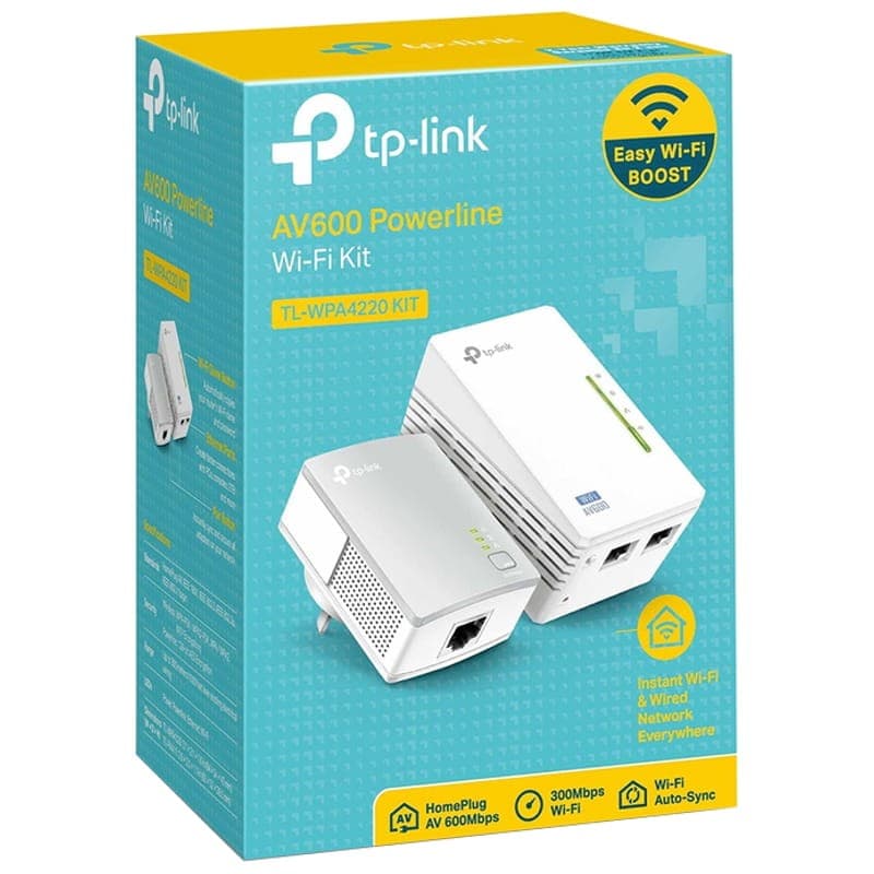 TP-LINK WPA4220KIT Kit PLC Extensor Powerline WiFi AV600 con dos adaptadores blancos, puertos Ethernet, botón Wi-Fi Boost y sincronización Auto-Sync