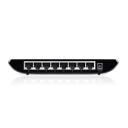 TP-LINK 8-Port Gigabit Desktop Switch avec 8 ports, boîtier noir brillant, 8 ports RJ45 numérotés en façade, prise d’alimentation latérale, format
