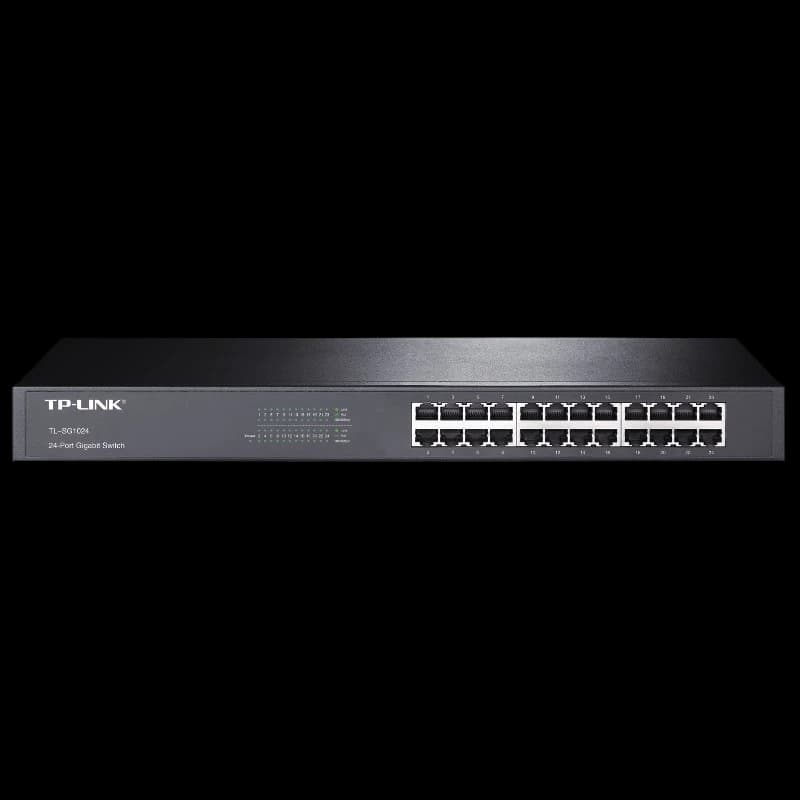 TP-Link TL-SG1024 Gigabit Switch avec 24 ports RJ45, boîtier métallique rackable 1U, voyants LED d’activité en façade, design noir sobre et professionnel