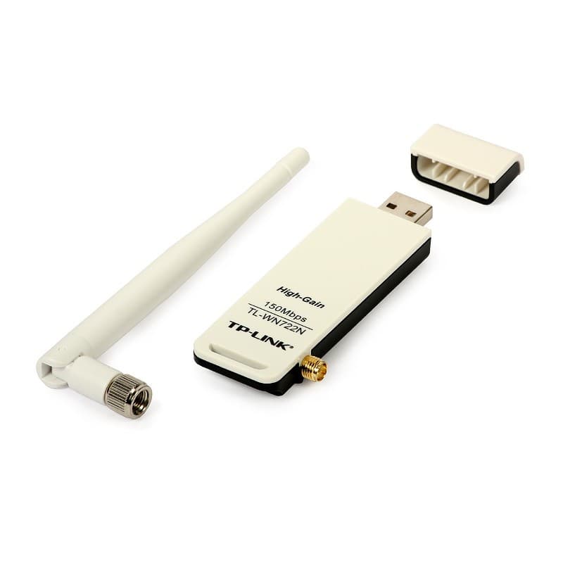 Adaptador USB TP-Link TL-WN722N branco com antena destacável de alto ganho, conector SMA dourado, tampa removível e corpo slim com detalhe preto