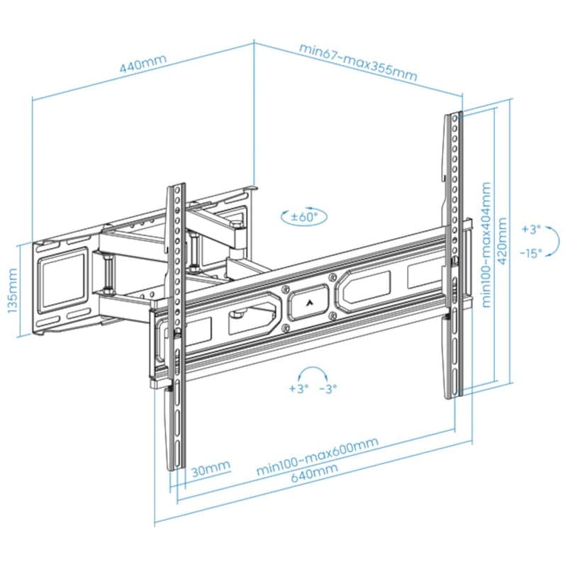 Suporte de TV giratório e inclinável TooQ LP7866TN-B 37-80 VESA 600x400 mm Preto Dimensões