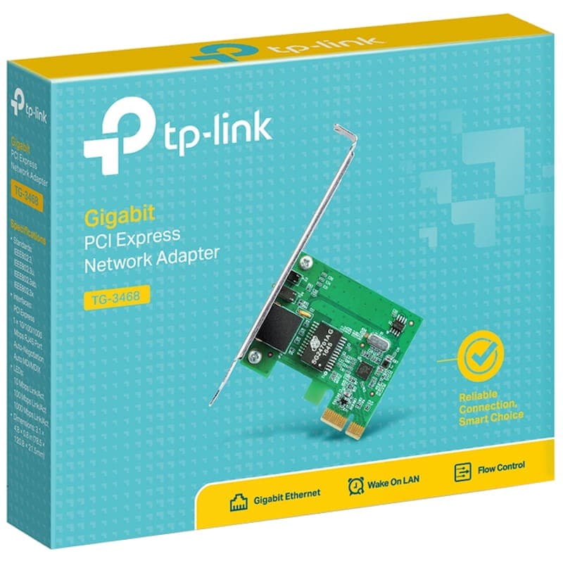 Carte réseau TP-Link TG-3468 PCIe Gigabit, PCB vert avec port RJ45 et équerre métallique, compatible Wake on LAN, contrôle de flux, connexion fiable