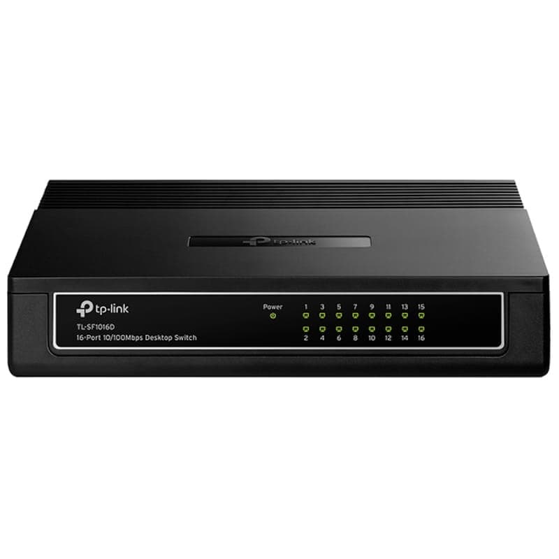 Switch TP-LINK TL-SF1016D noir, boîtier compact avec 16 voyants LED en façade, ports Ethernet 10/100 Mbps, design sobre pour bureau ou rack desktop