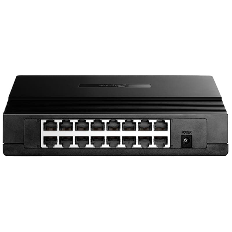 Switch TP-LINK TL-SF1016D noir, 16 ports Fast Ethernet alignés en façade, boîtier compact de bureau, indicateur Power latéral, finition mate striée