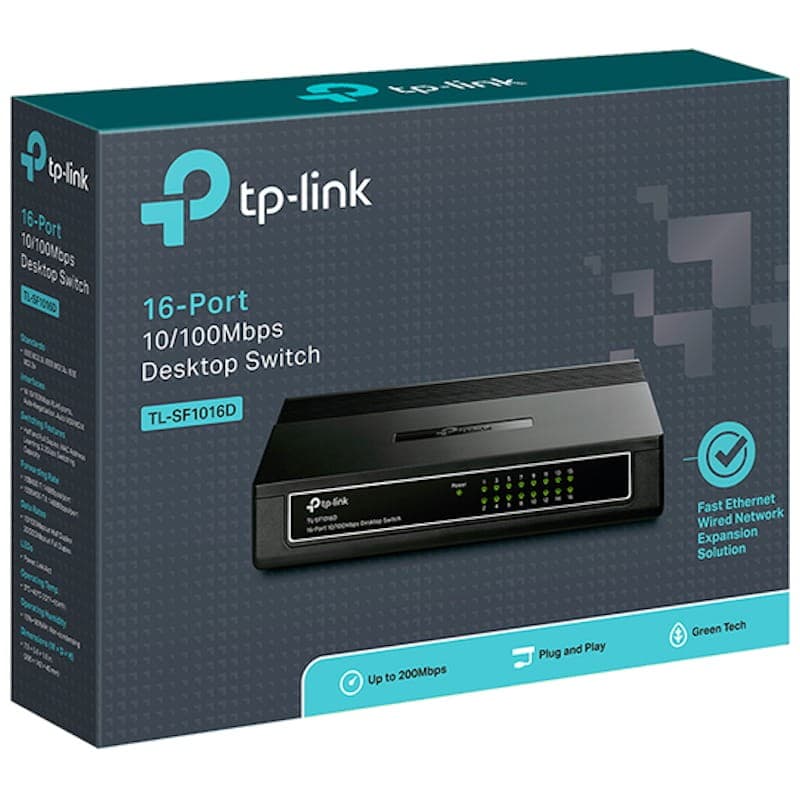 Boîte TP-LINK TL-SF1016D bleue et verte avec visuel du switch noir 16 ports, voyants LED verts, logos tp-link, mentions 10/100Mbps, Plug and Play, Green Tech