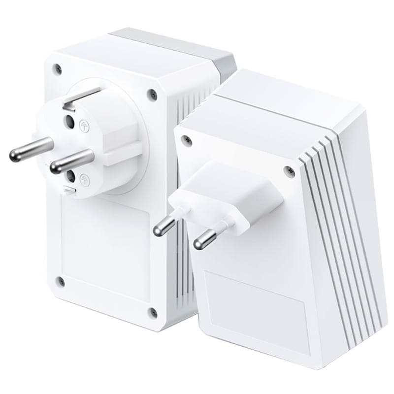 Adaptadores PLC TP-LINK TL-WPA4226KIT en color blanco, diseño compacto con enchufe europeo, aletas de ventilación laterales y puerto Ethernet para ampliar