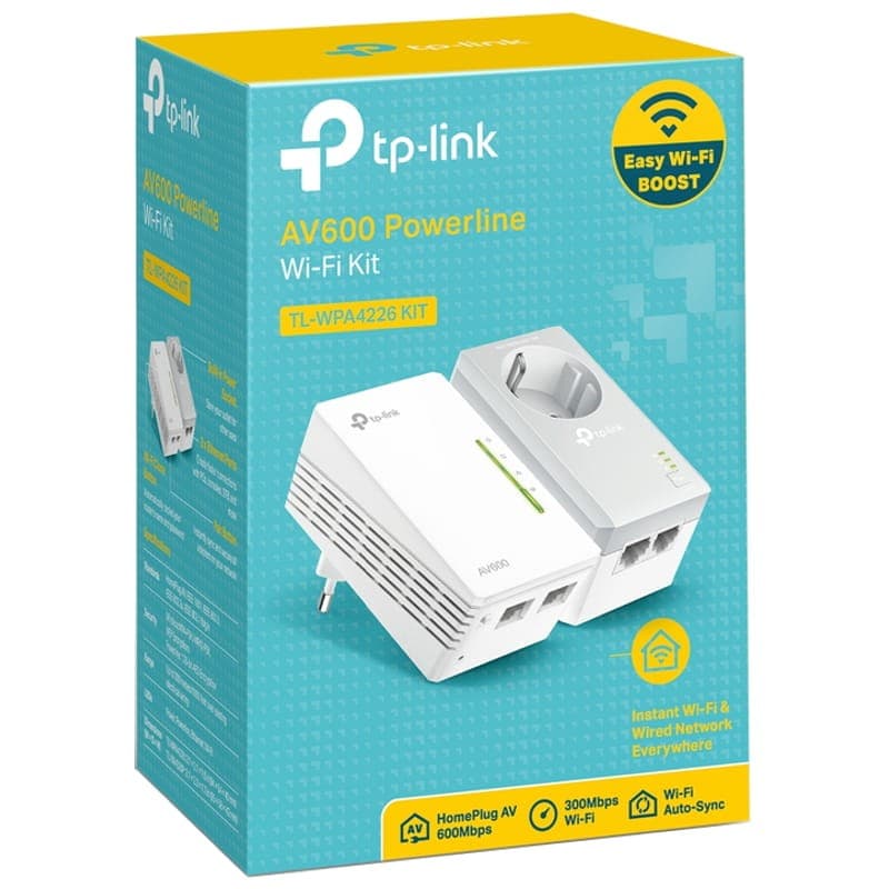 TP-LINK TL-WPA4226KIT Kit PLC Extensor Powerline WiFi AV600 con dos adaptadores blancos, puertos Ethernet dobles, LED de estado y botón Wi-Fi Clone