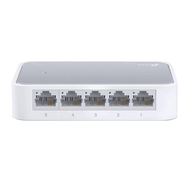 TP-Link TL-SF1005D switch de bureau 5 ports Fast Ethernet 10 100 Mbps boîtier blanc compact voyants LED au-dessus de chaque port façade RJ45 numérotée