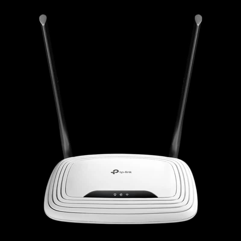 Routeur TP-Link TL-WR841N blanc avec deux antennes noires, boîtier compact arrondi, voyants LED frontaux, design épuré pour Wi-Fi 300 Mbps Gigabit