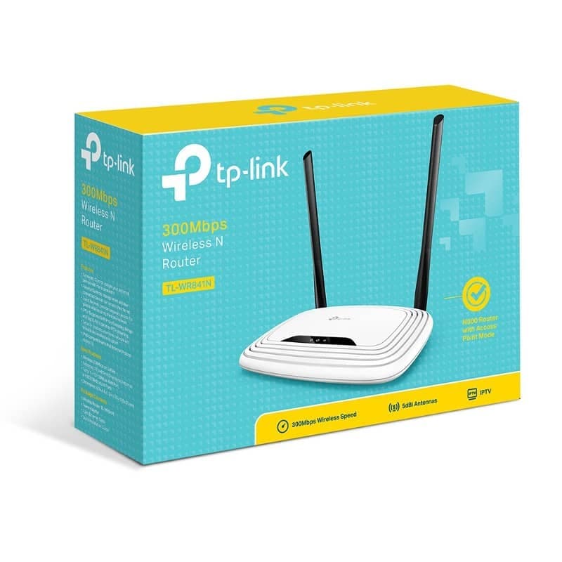 Routeur TP-Link TL-WR841N blanc avec deux antennes noires, boîtier compact aux lignes courbes, vitesses 300 Mbps, logos et spécifications en vert sur la