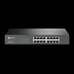 TP-Link TL-SG1016D switch gigabit métallique, 16 ports RJ45 alignés en façade, voyants LED d activité à gauche, boîtier noir compact et sobre