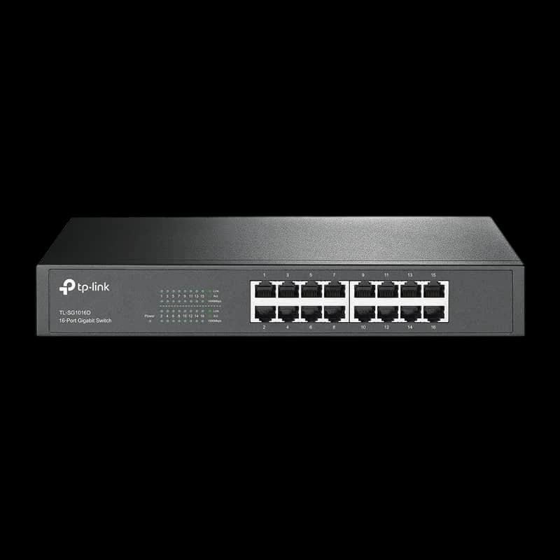 TP-Link TL-SG1016D switch gigabit métallique, 16 ports RJ45 alignés en façade, voyants LED d activité à gauche, boîtier noir compact et sobre