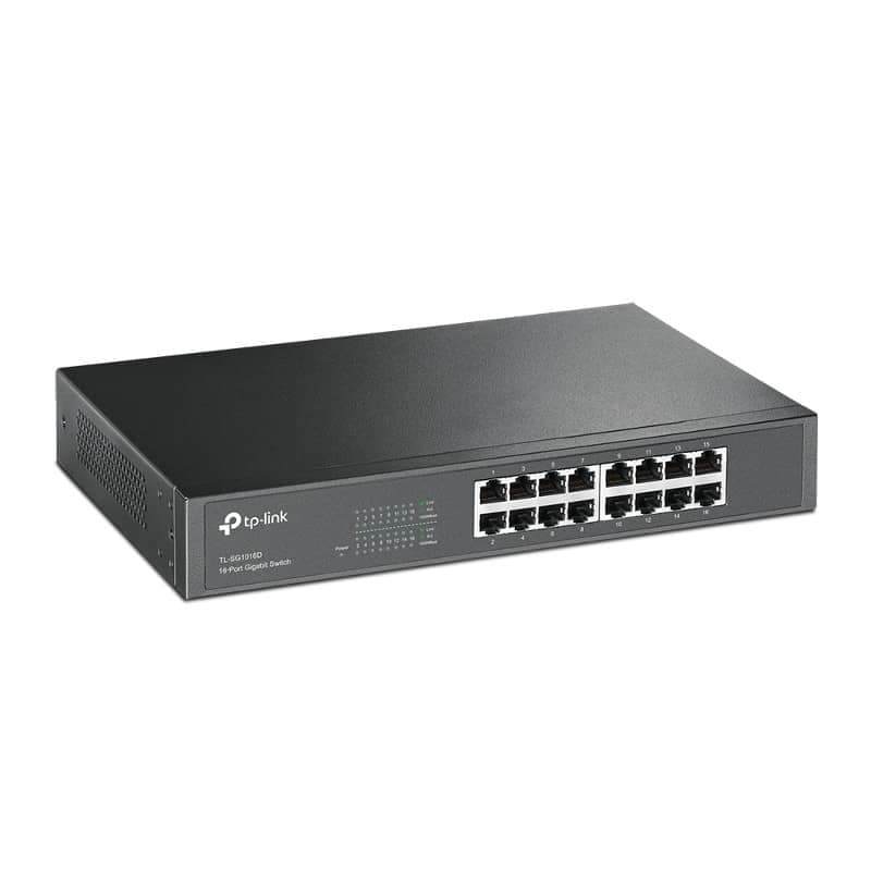 TP-Link TL-SG1016D Gigabit Switch à 16 ports RJ45, boîtier métallique noir, voyants LED en façade, format bureau ou rack, ventilation latérale