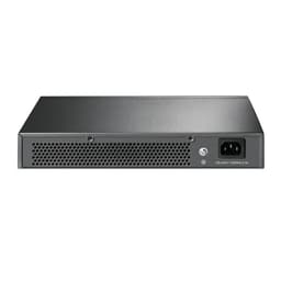 Arrière du TP-Link TL-SG1016D: boîtier métal gris, large grille de ventilation, prise d’alimentation IEC, design compact et robuste pour switch 16 ports