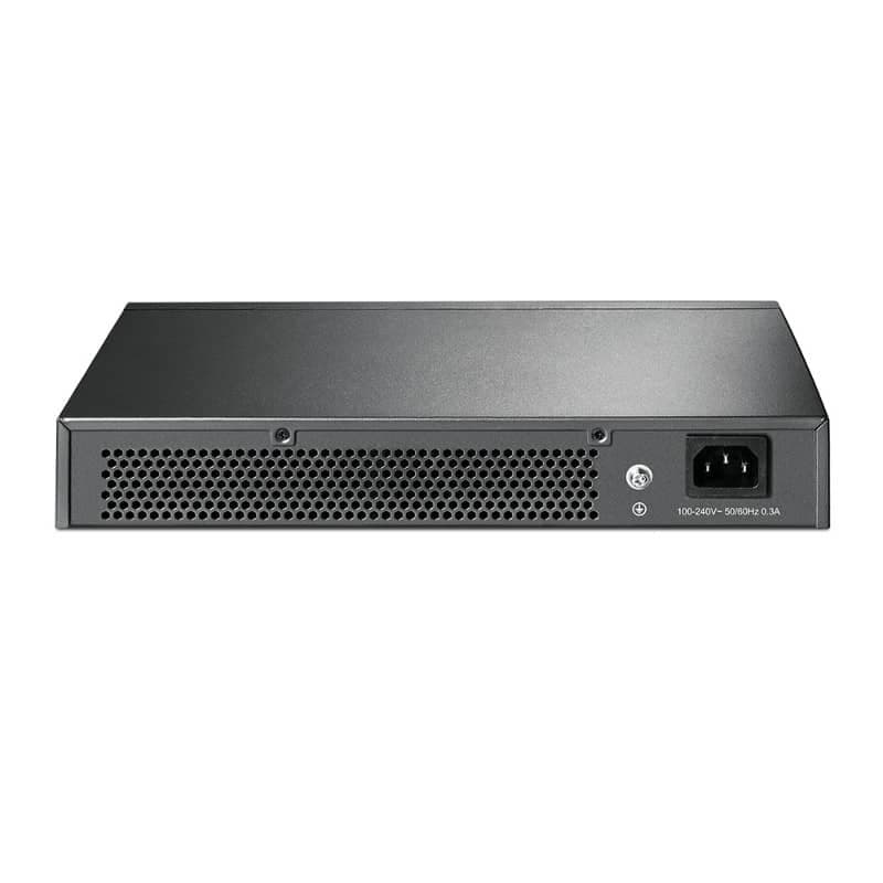 Arrière du TP-Link TL-SG1016D: boîtier métal gris, large grille de ventilation, prise d’alimentation IEC, design compact et robuste pour switch 16 ports