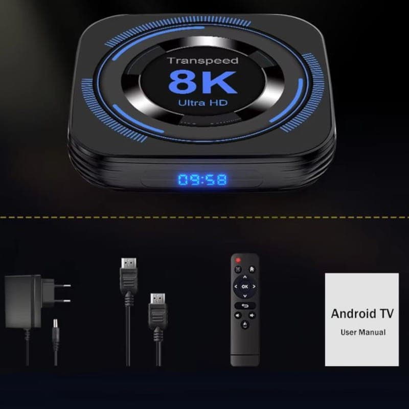 Conteúdo de Transspeed 8K H618 4GB/64GB Dual Wifi Android 12 Preto - Android TV