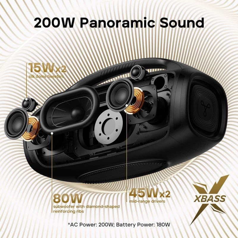 Enceinte Tribit Stormbox Blast 2 noire avec poignée, haut-parleurs exposés, double tweeters 15 W, médiums 45 W, subwoofer 80 W, logo XBass, design robuste