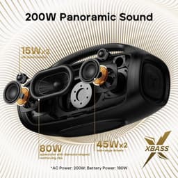 Enceinte Tribit Stormbox Blast 2 noire avec poignée, haut-parleurs exposés, double tweeters 15 W, médiums 45 W, subwoofer 80 W, logo XBass, design robuste