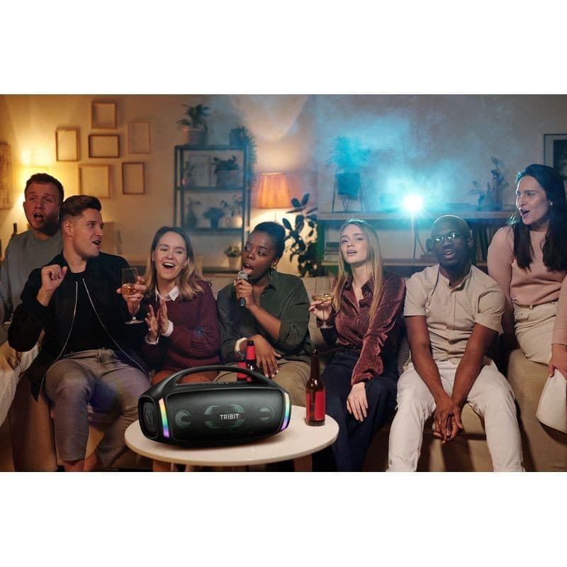 Enceinte Tribit Stormbox Blast 2 noire avec poignée, LEDs RGB frontales, woofers et tweeters visibles, design robuste IP67 pour fêtes et extérieur