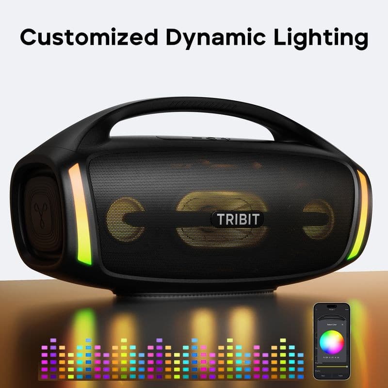 Enceinte Tribit Stormbox Blast 2 noire avec poignée, grilles mesh, éclairage LED multicolore, haut-parleurs latéraux, affichage 200 W et appli mobile visible
