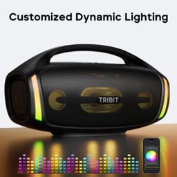 Enceinte Tribit Stormbox Blast 2 noire avec poignée, grilles mesh, éclairage LED multicolore, haut-parleurs latéraux, affichage 200 W et appli mobile visible