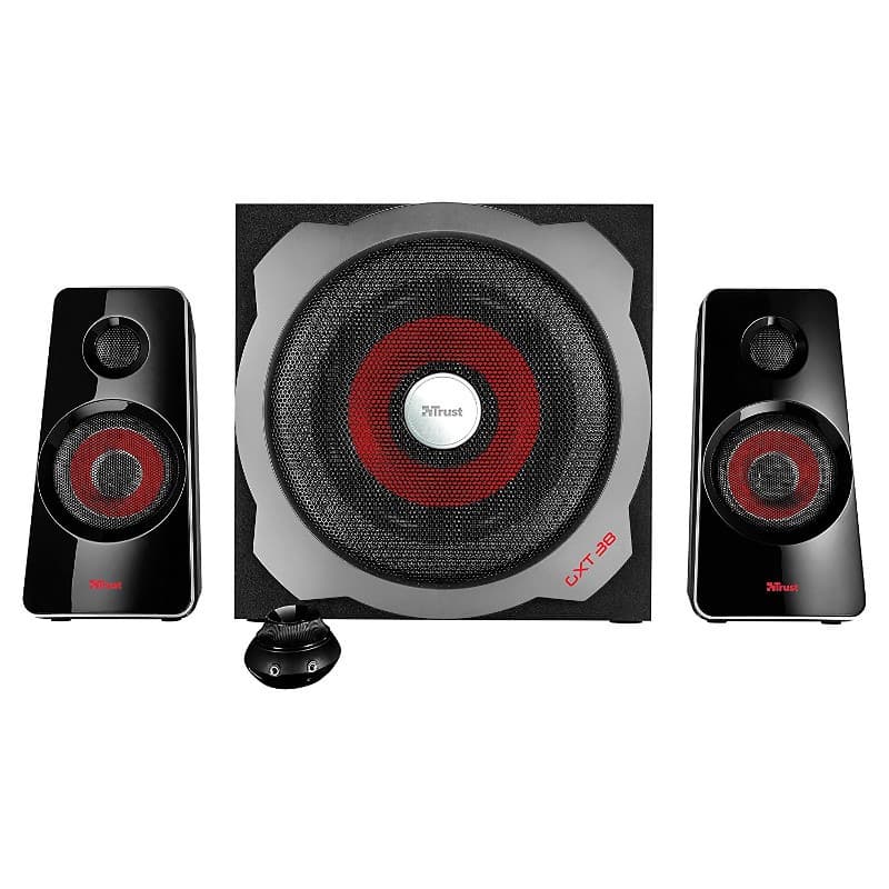 Trust GXT-38 Multimedia Speakers 2.1 avec caisson de basses noir et rouge, deux satellites brillants, grilles métalliques, commande filaire ronde en façade