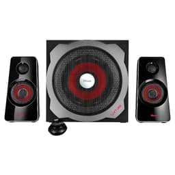 Trust GXT-38 Multimedia Speakers 2.1 avec caisson de basses noir et rouge, deux satellites brillants, grilles métalliques, commande filaire ronde en façade