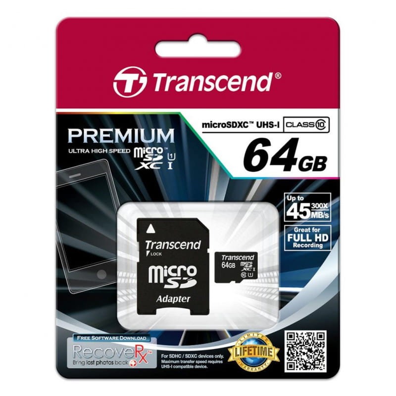 Transcend TS64GUSDU1 64 GB Classe 10 UHS-I U1 MLC NAND Preto / Vermelho - Cartão microSD - Item1