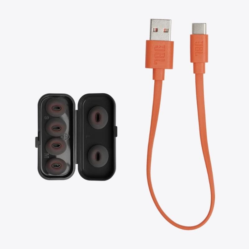 JBL Tune Flex TWS Bluetooth Black - Écouteurs Bluetooth image de l'étui et de l'USB