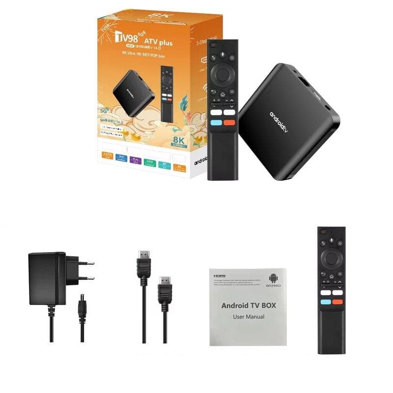 Conteúdo de TV98 ATV PLUS 8K H313 2GB/16GB Dual Wifi Android 14 Preto - Android TV