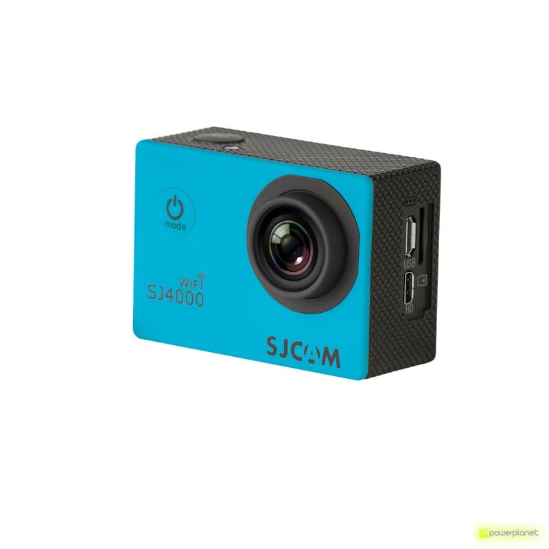 SJCAM SJ4000 WIFI - Cámara Deportiva azul con lente gran angular prominente, botón frontal de encendido y puertos laterales micro USB y micro HDMI en cuerpo